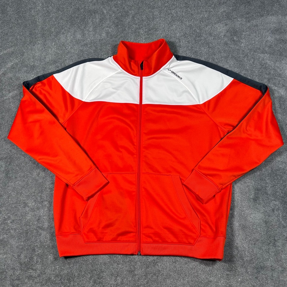 Brooks Run Happy Mens XL Track Jacket Orange White Black Full Zip 210901 Running